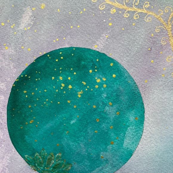 Abstract Original Watercolor Gold Leaf Floral Green & Purple Painting, 9x12 - Picture 11 of 13